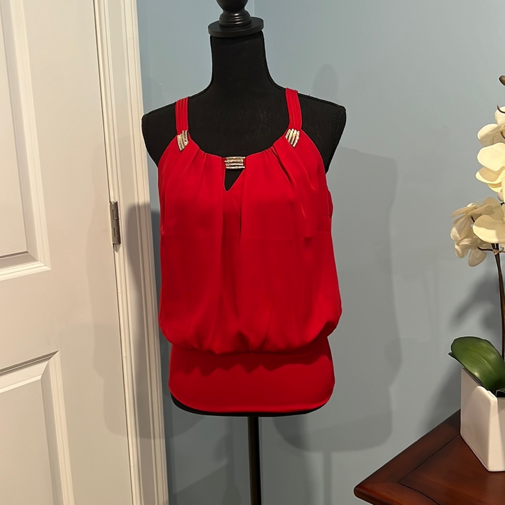 Read White House Black Market silky summer top with banded waist. Size XS.